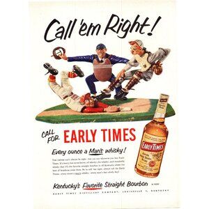 1952 Early Times Bourbon Vintage Print Ad Baseball Sliding Home Plate Wall Art
